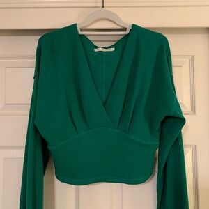 FP Cropped Balloon Sleeve Waffle-Knit Top